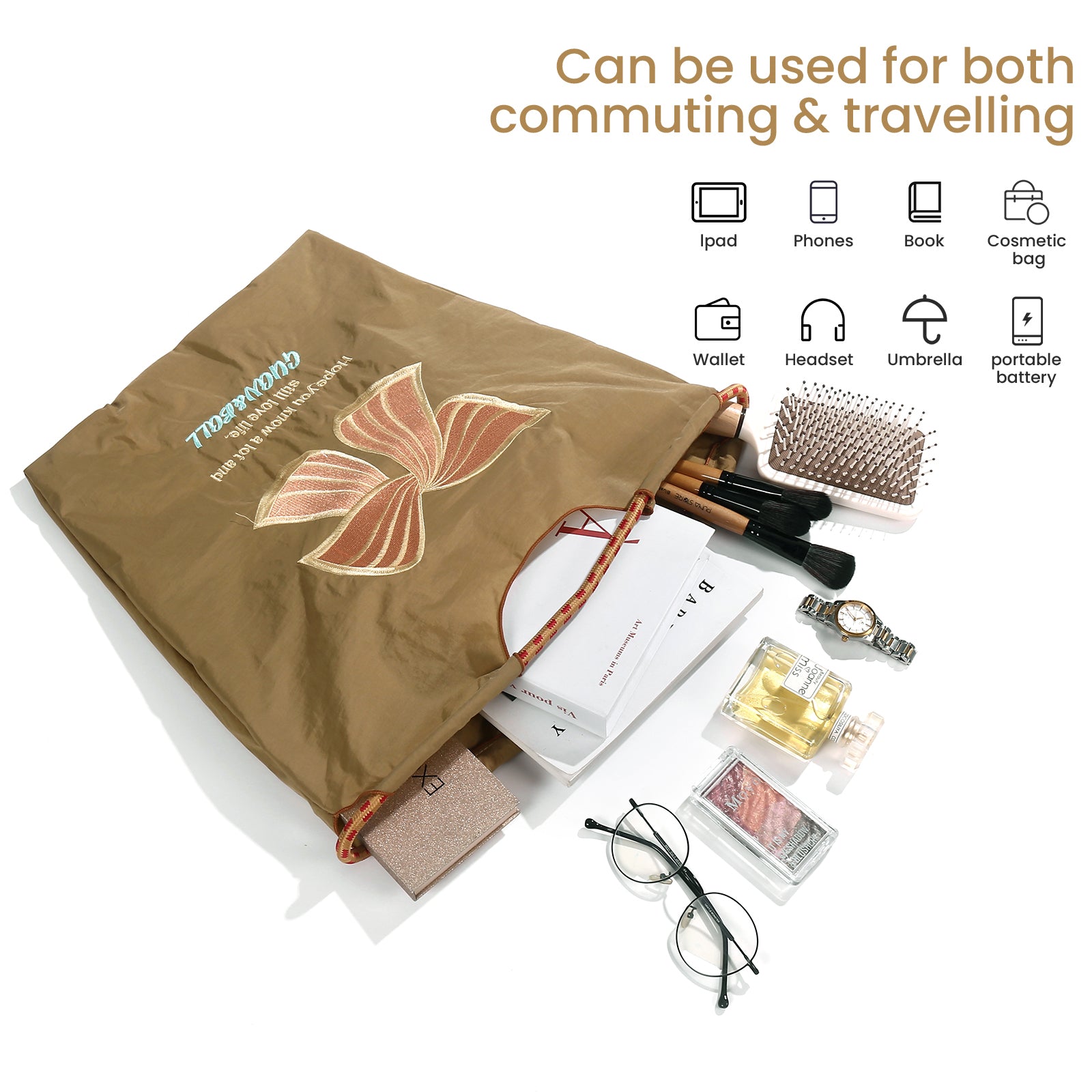 Guan&Ball Embroidery Initial Nylon Tote Bag, Crossbody Bag Purse for Women Travel Bags Handbags Everyday Bag