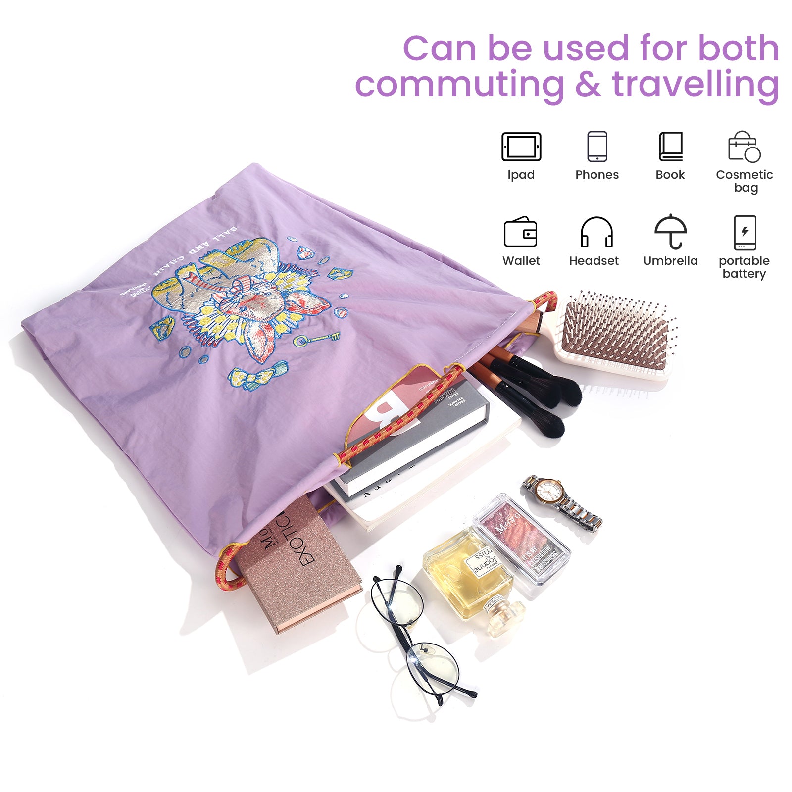 Ball&Chain Embroidery Tote Bag for Women, Foldable Tote Bag Large Shoulder Bag Top Handle Handbag for Travel, Work（M）