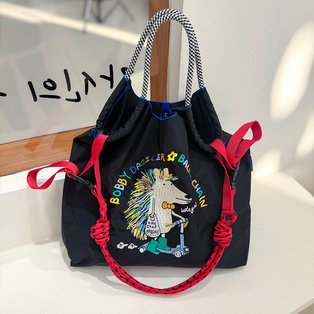 Ball&Chain Cute Hedgehog Scooter Embroidery Large Foldable Nylon Tote Bag, 2-Way Carry Adjustable Crossbody Shopping Bag, Cartoon Animal Handbag
