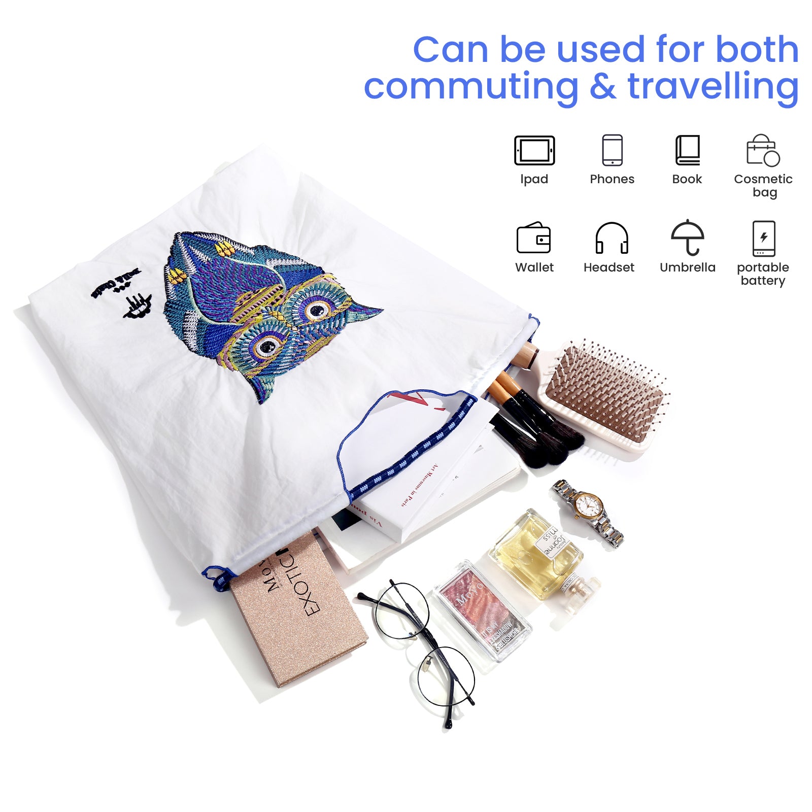 Ball&Chain Embroidery Initial Nylon Tote Bag, Crossbody Bag Purse for Women Travel Bags Handbags Everyday Bag（L）