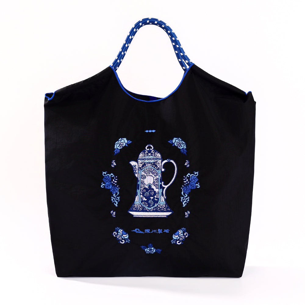 Ball&Chain Blue and White Porcelain Teapot Embroidered Tote Bag, Large Lightweight Nylon Shoulder Bag, Vintage Oriental Style Handbag for Shopping Daily Use-L