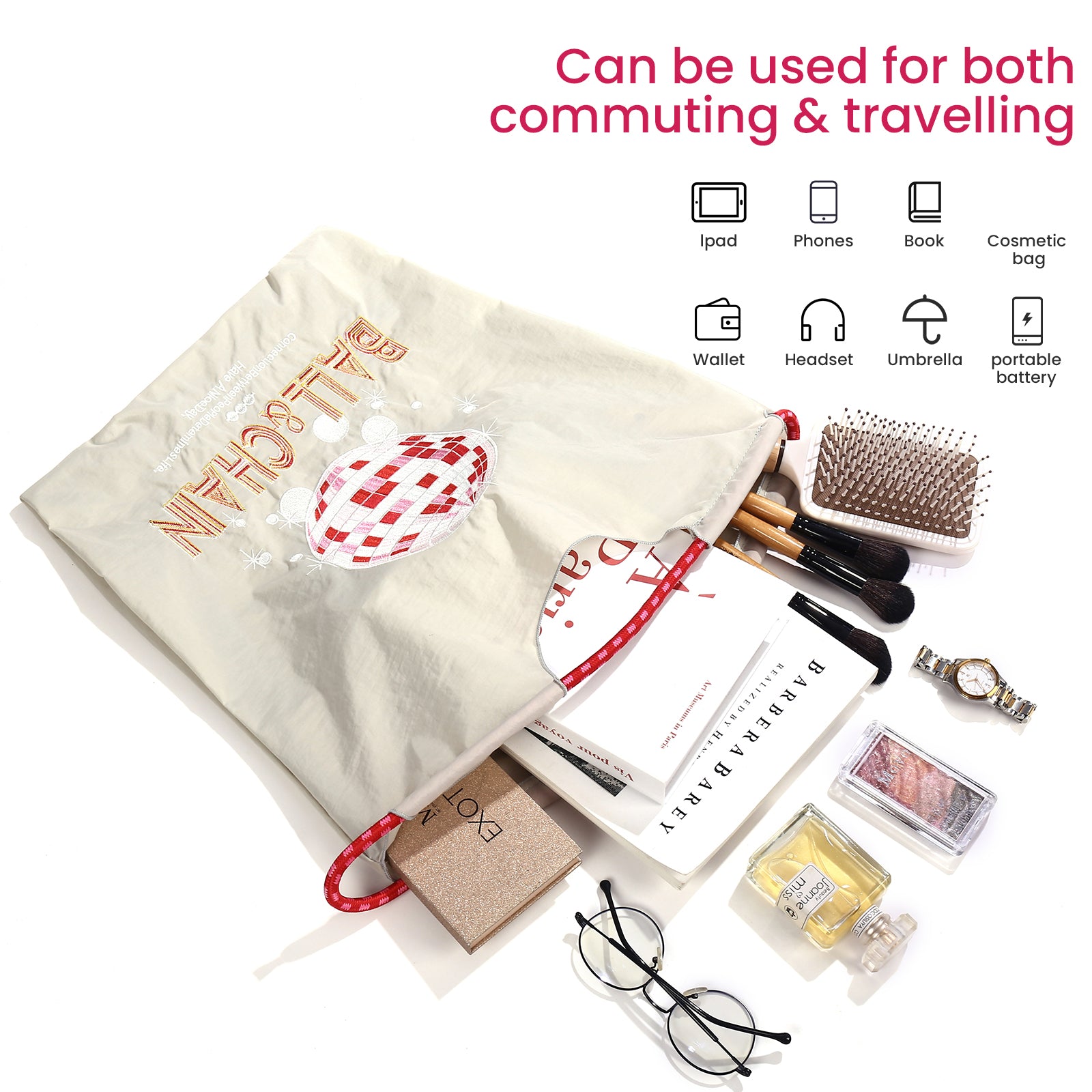 Ball&Chain Embroidery Nylon Tote Bag for Women, Bridal Shower Gifts for Bride（L）