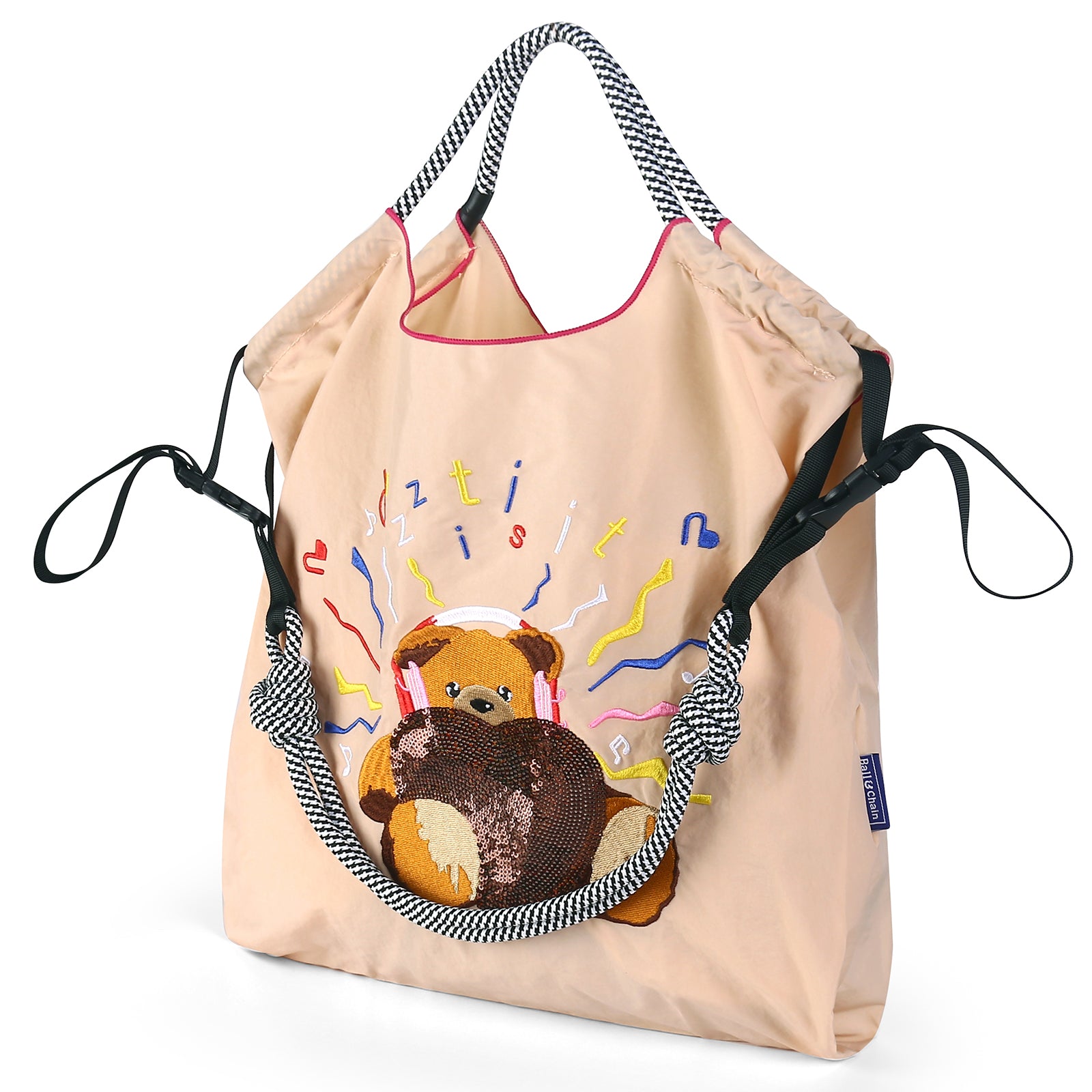 Ball&Chain Embroidery Initial Nylon Tote Bag,Personalized Present Suitable for Travel（L）