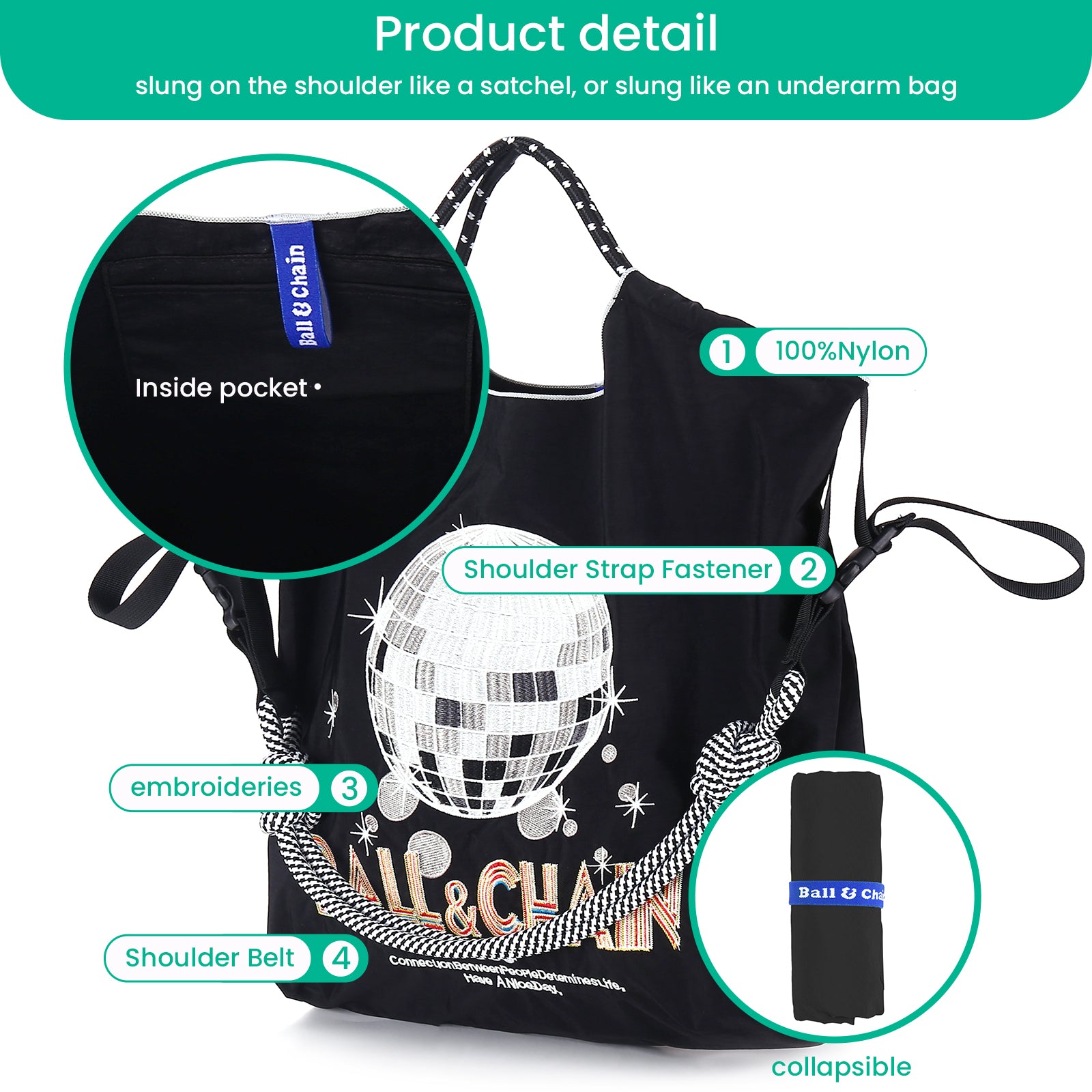 Ball&Chain Embroidery Tote Bag Women Work Bags Crossbody Bag Purse for Women Travel Bags Handbags Everyday Bag（M）