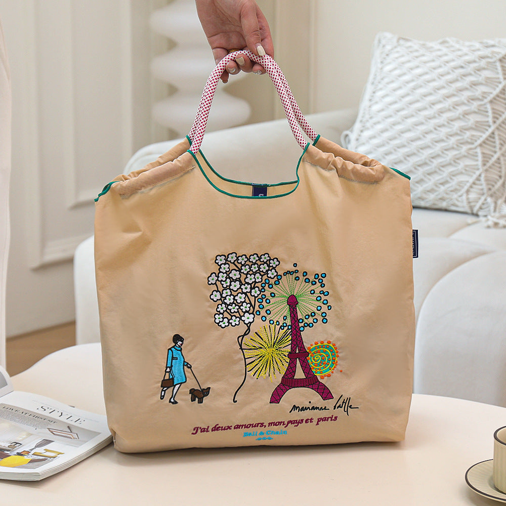 Paris Eiffel Tower Embroidery Large Capacity Tote Bag, Lightweight Foldable Nylon Shoulder Bag, Cute Paris Travel Shopping Handbag