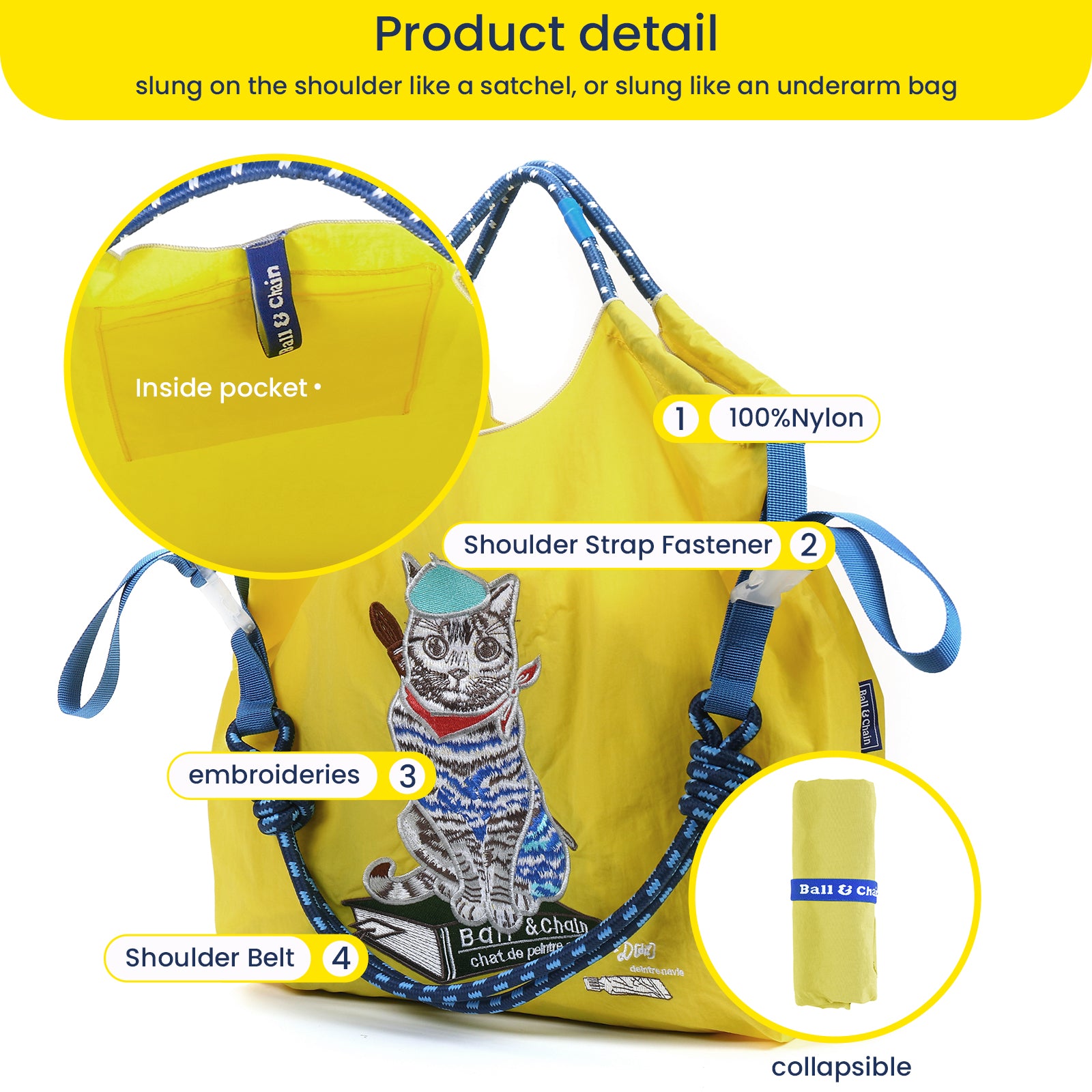 Ball&Chain Embroidery Tote Bag Women Work Bags Crossbody Bag Purse for Women（L）