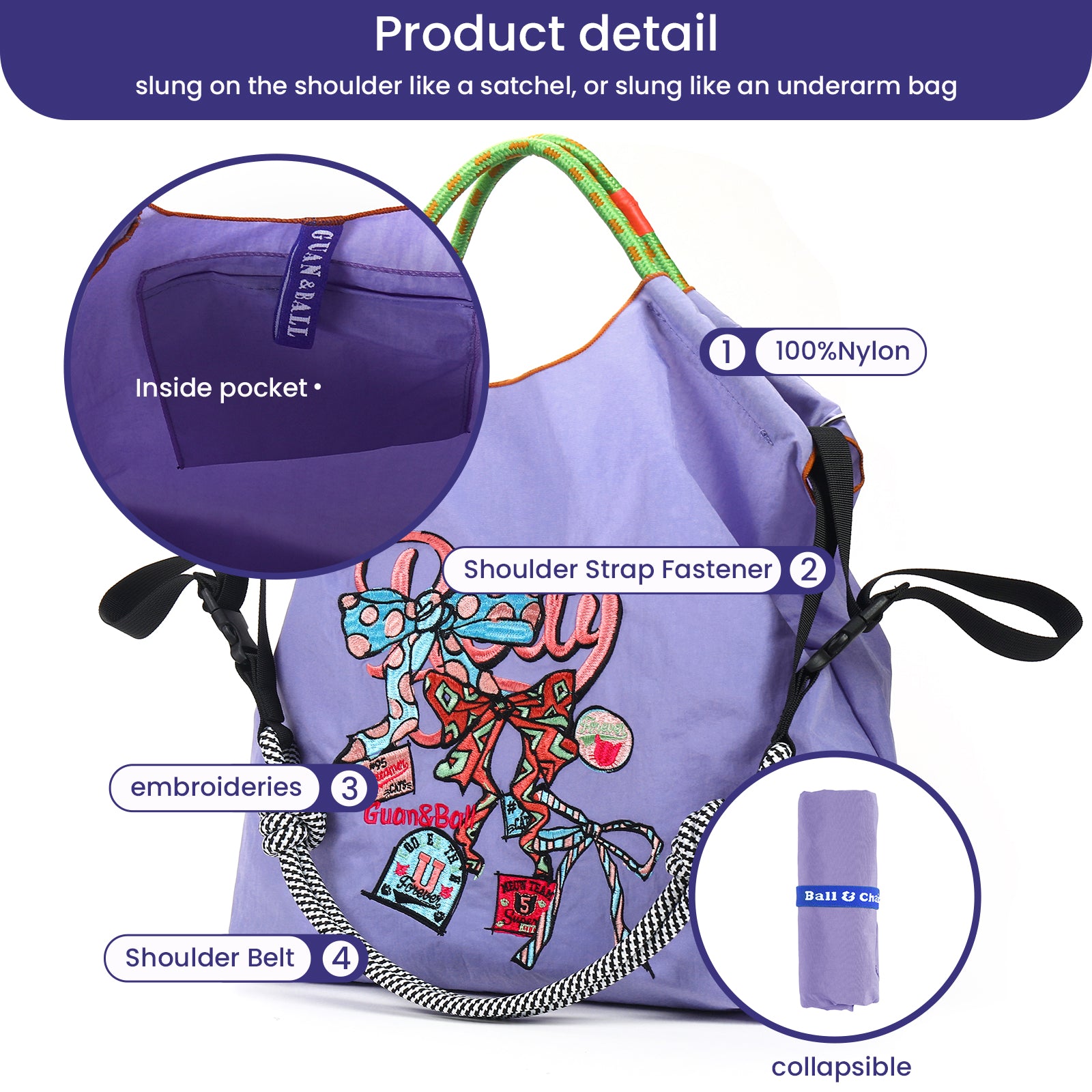 Guan&Ball Lady Tote Bag, a butterfly embroidered patterned nylon bag, is the perfect companion for travel and shopping