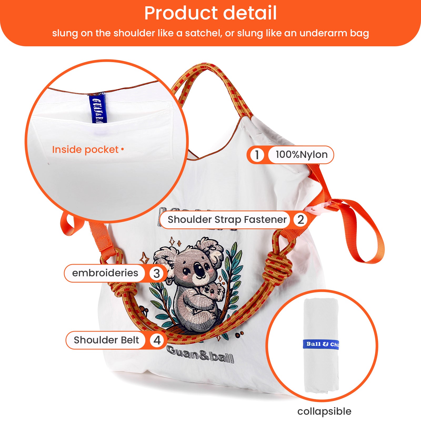 Guan&Ball Tote Bag for Women, Foldable Tote Bag With Large Shoulder strap Bag Handle Handbag for Travel, Work