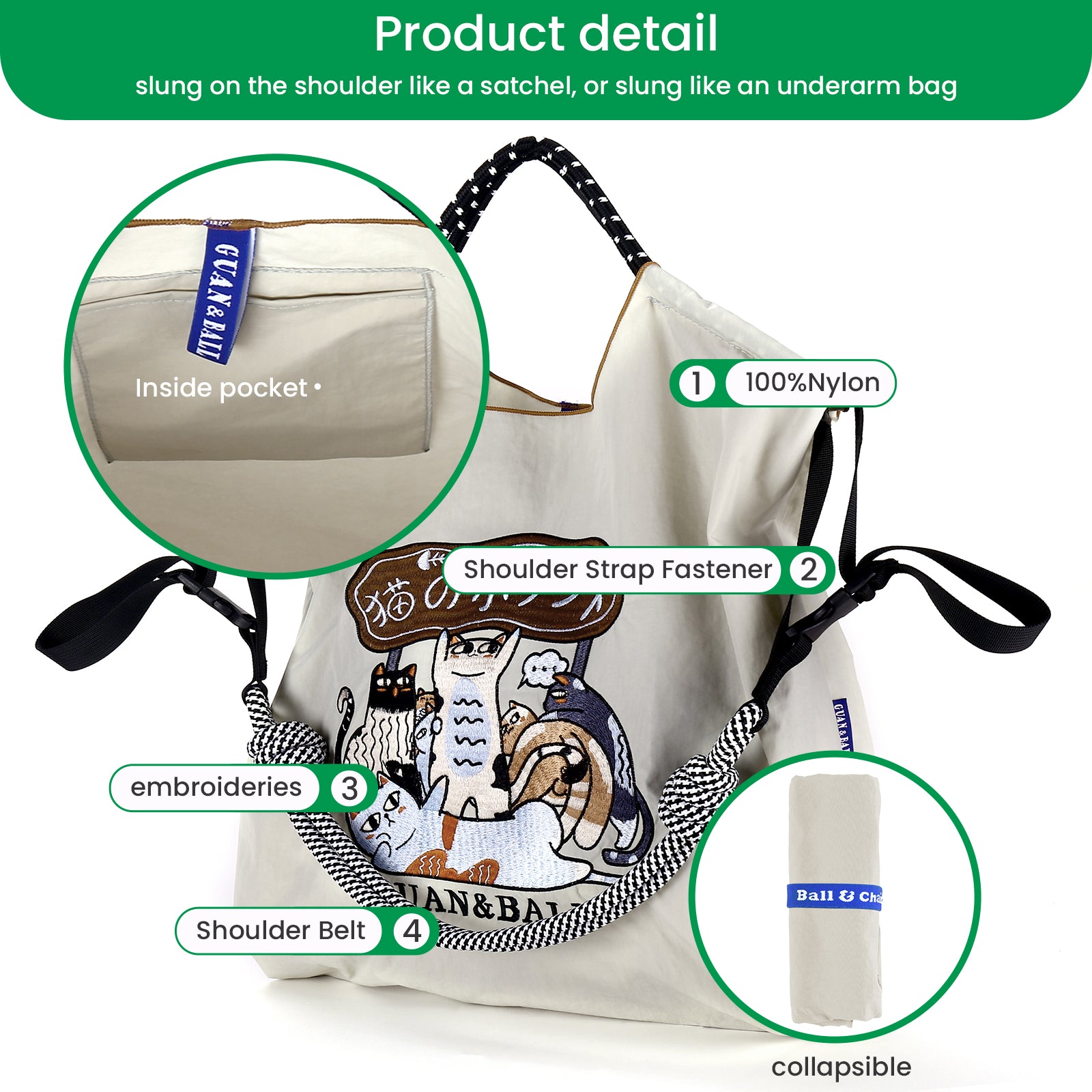 Guan&Ball The Lady Tote bag, waterproof nylon bag with lamb embroidery pattern, is the perfect companion for travel