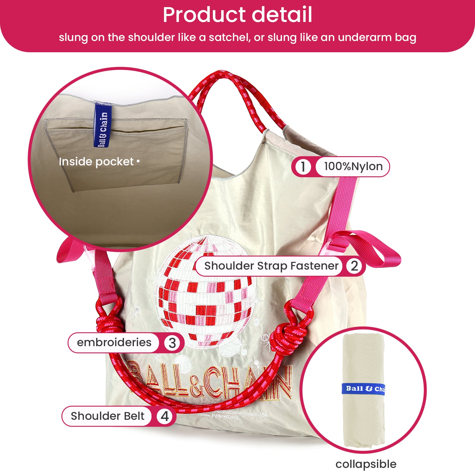 Ball&Chain Embroidery Nylon Tote Bag for Women, Bridal Shower Gifts for Bride（L）