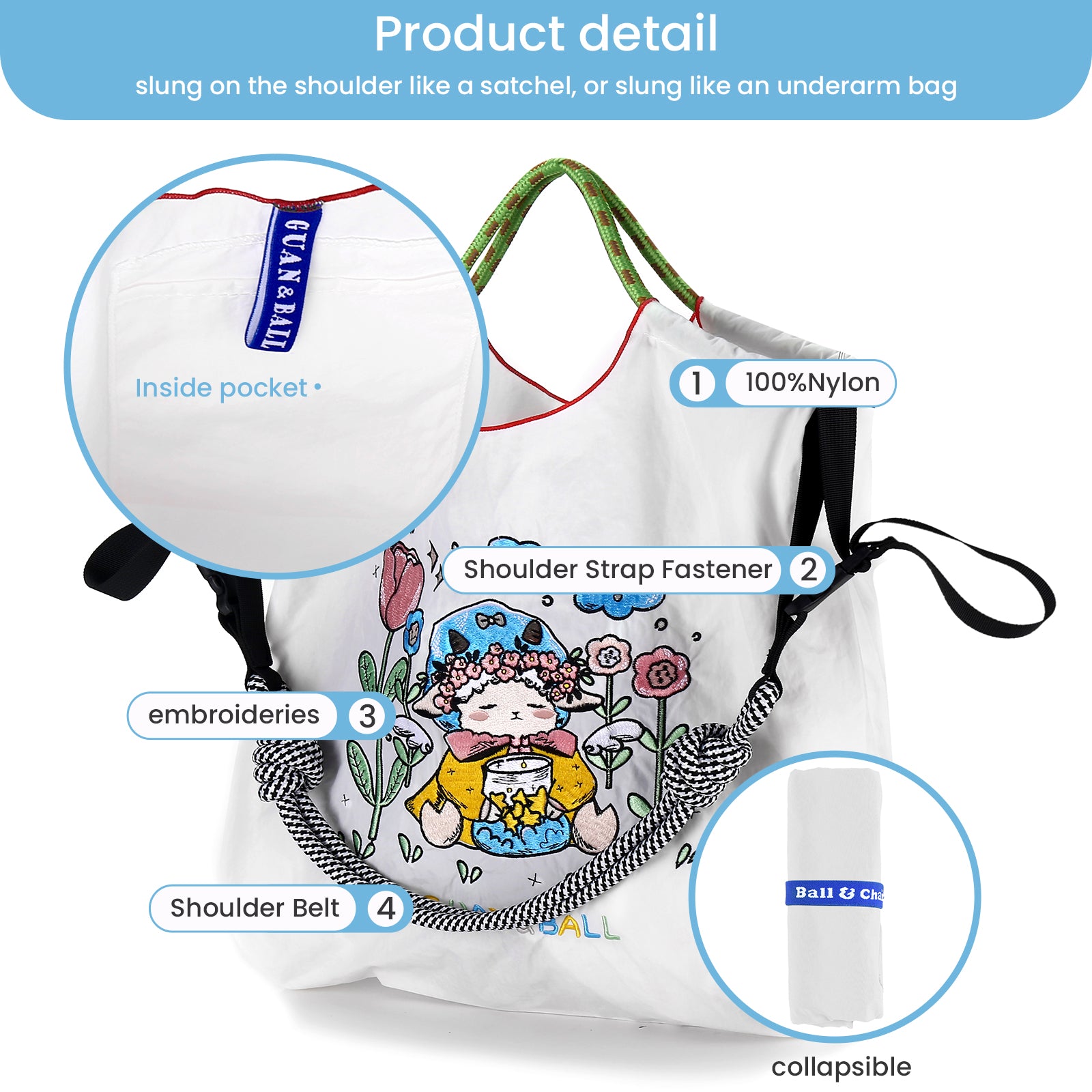Guan&Ball Lady Tote bag, a lamb embroidered nylon bag, is the perfect companion for shopping and travel