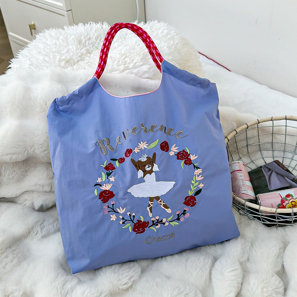 Ball&Chain Ballet Bear Rose Wreath Embroidery Large Foldable Nylon Tote Bag, Cute Floral Animal Shoulder Shopping Bag