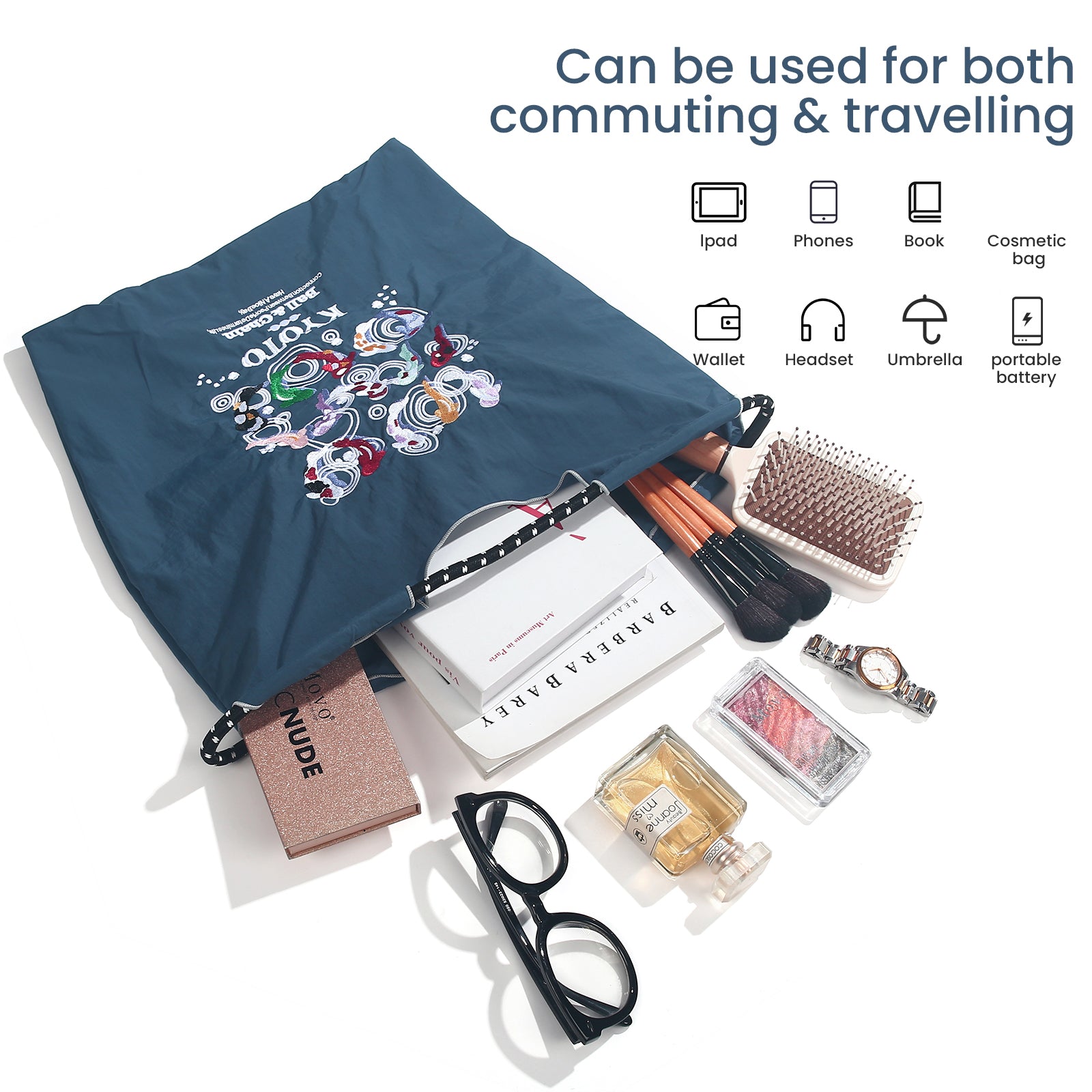 Ball&Chain Tote Bag With Embroidery Koi Fish，Personalized Present Bag Everything Tote Bag with Compartments（M）