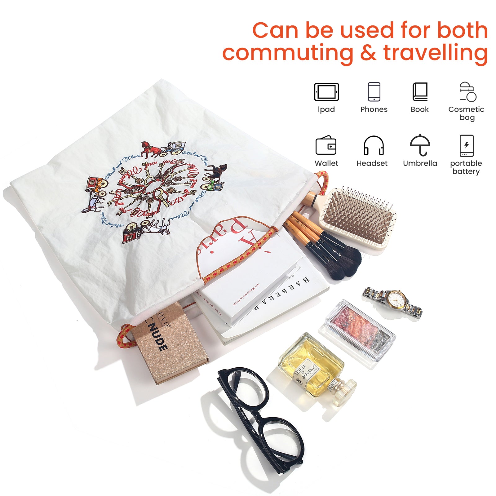 Ball&Chain Carriage Pattern Embroidery Nylon Tote Bag for Women, Travel Shoulder Bag Top Handle HandBags for Work, Travel（M）