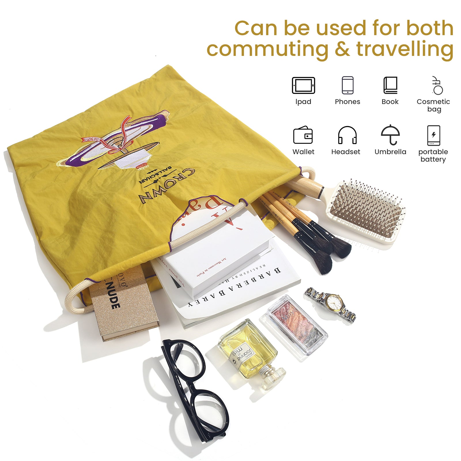 Ball&Chain Cake Pattern Embroidery Nylon Bag with Pulling Rope Pocket Personalized Tote Bags for Mom Teacher Friend（M）