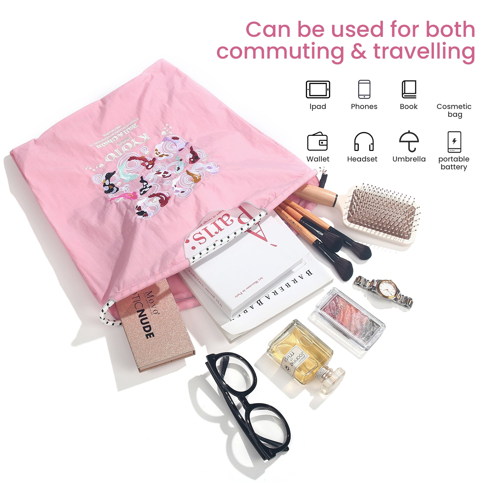 Ball&Chain Tote Bag With Embroidery Koi Fish Everything Tote Bag with Compartments（L）