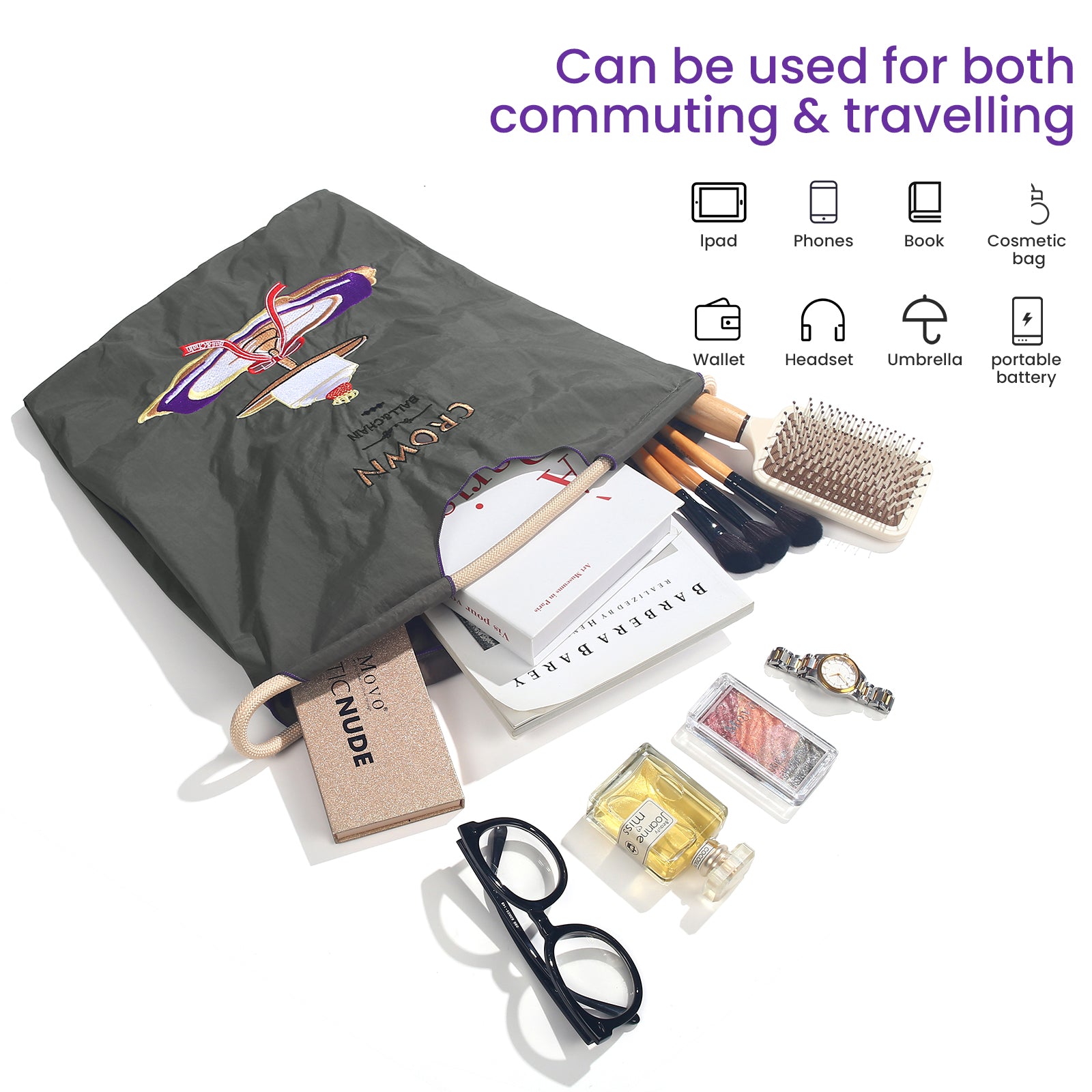 Ball&Chain Cake Pattern Embroidery Nylon Bag with Pulling Rope Pocket Personalized Tote Bags（L）