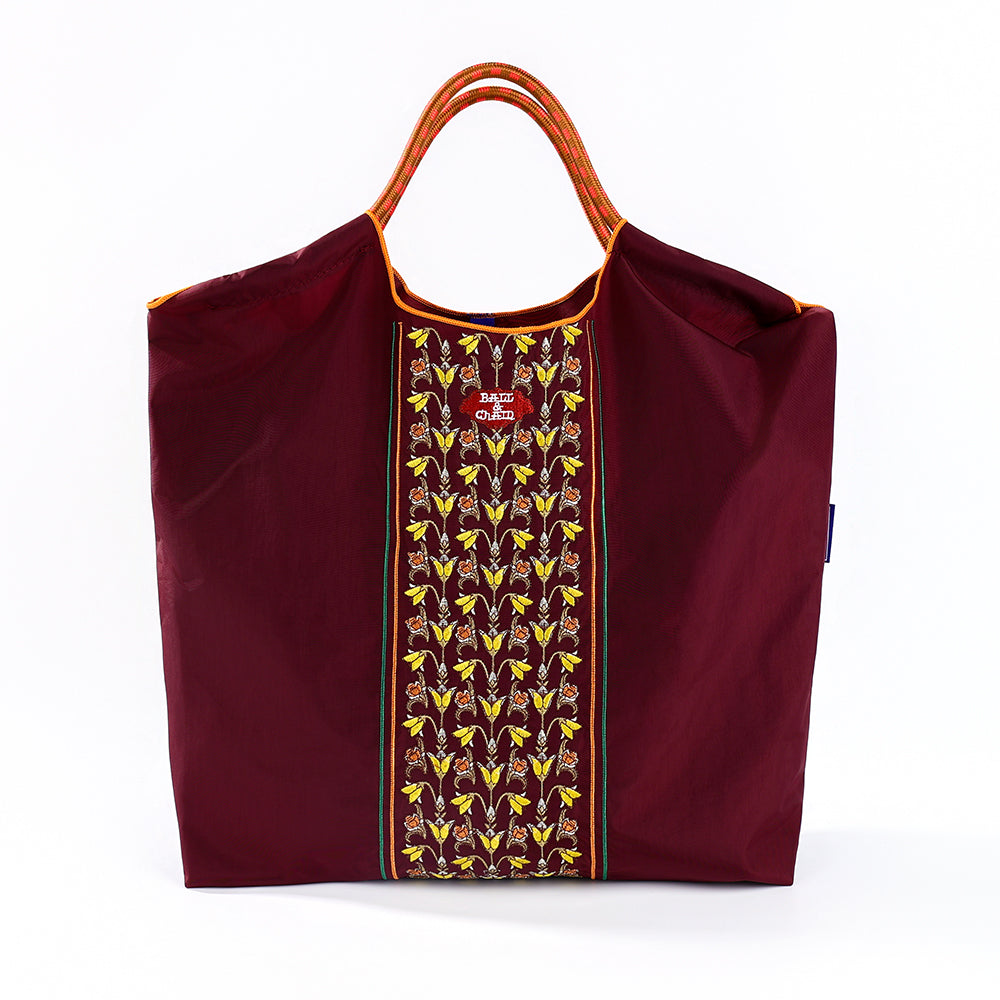 Ball&Chain Purple Floral Embroidery Tote Bag, Large Lightweight Nylon Shoulder Bag, Bohemian Ethnic Style Handbag for Shopping Daily Use-L