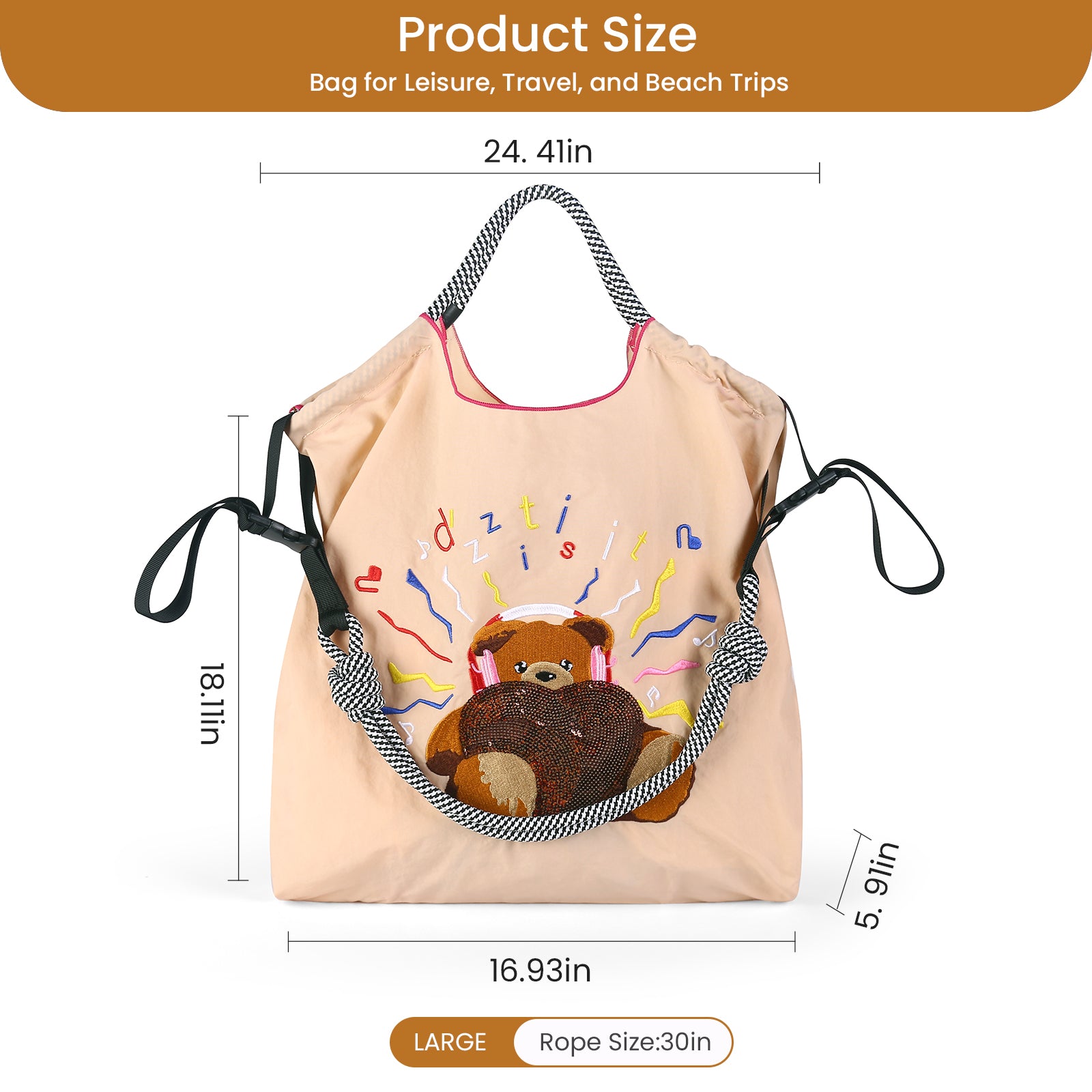 Ball&Chain Embroidery Initial Nylon Tote Bag,Personalized Present Suitable for Travel（L）