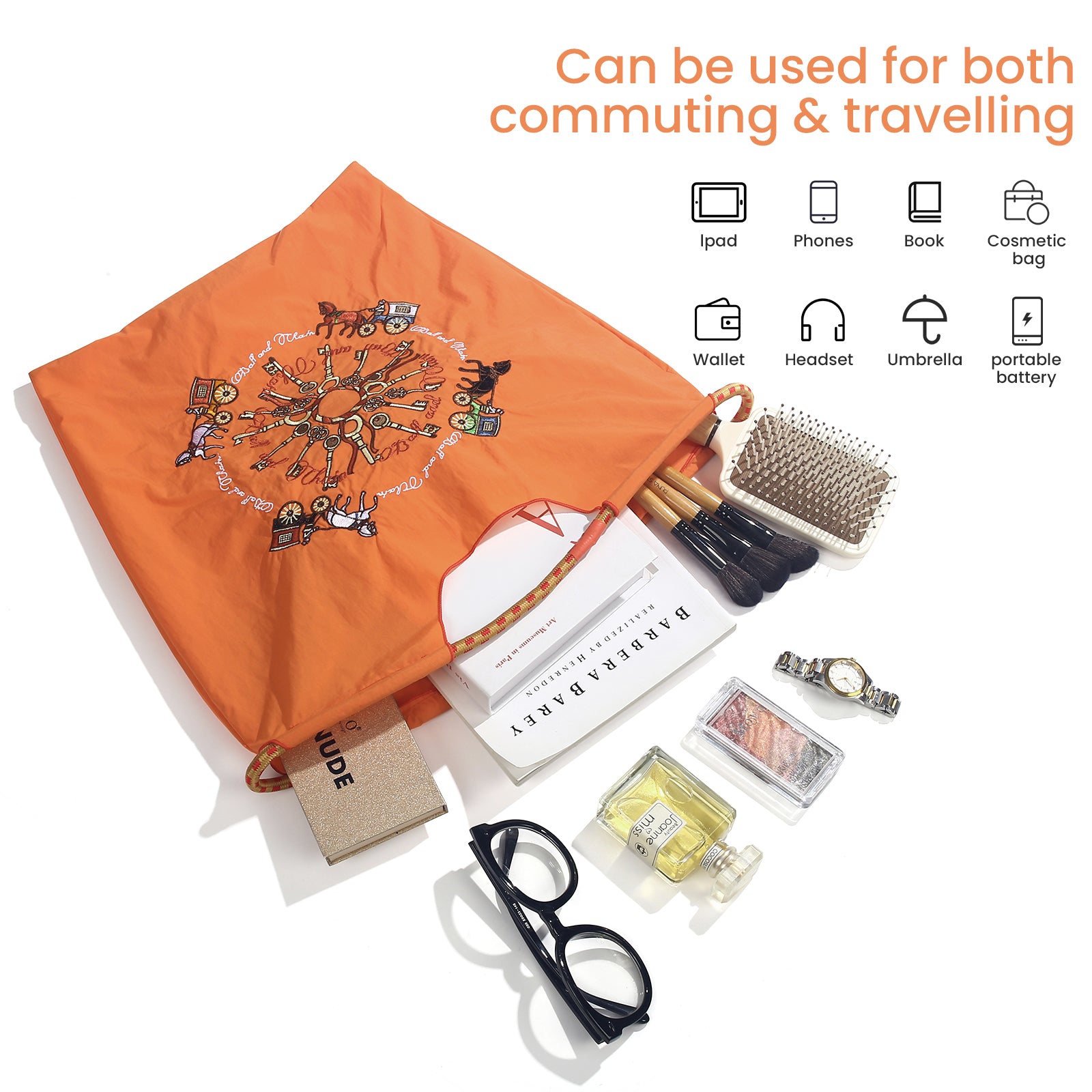Ball&Chain Carriage Pattern Embroidery Nylon Tote Bag for Women（L）
