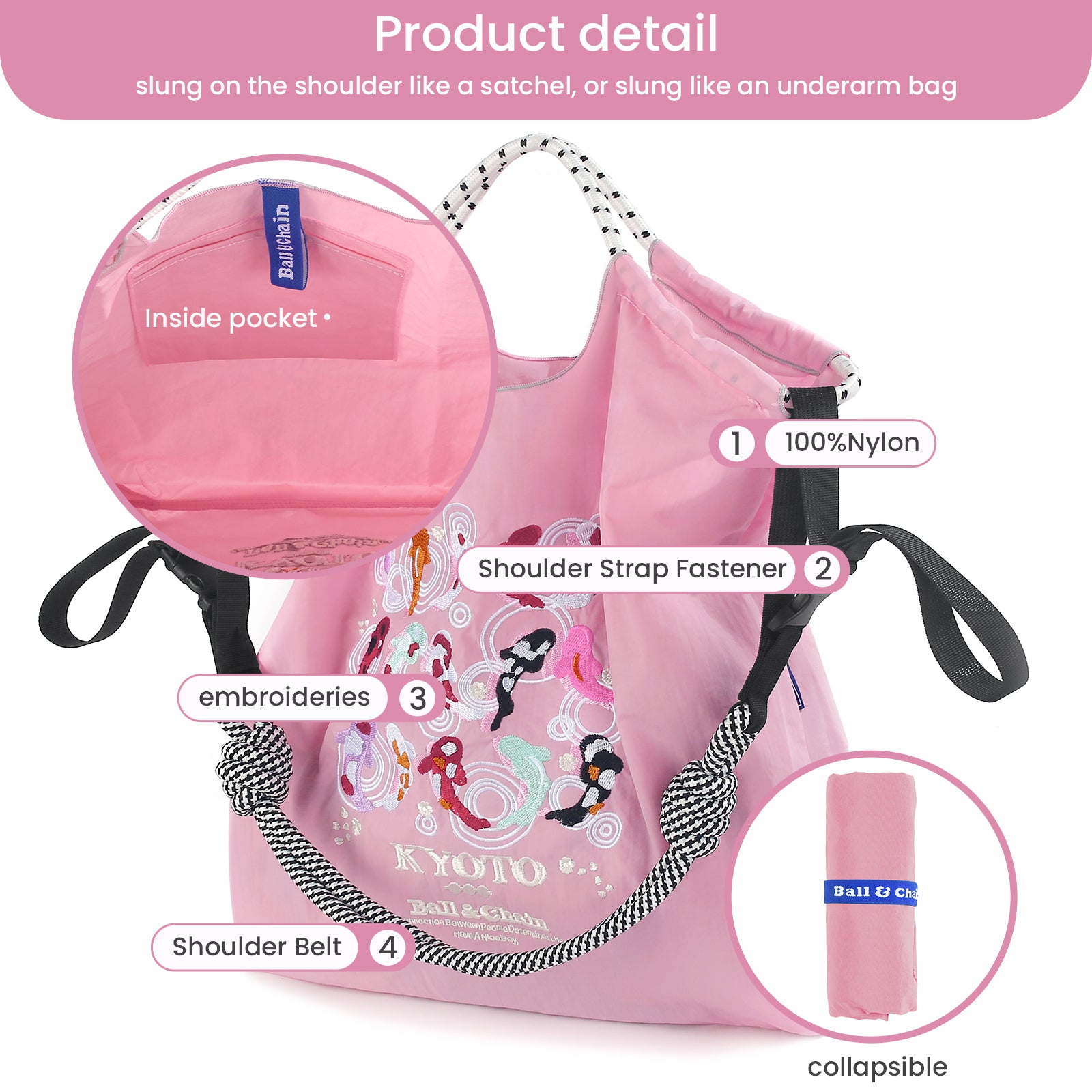 Ball&Chain Tote Bag With Embroidery Koi Fish Everything Tote Bag with Compartments（L）