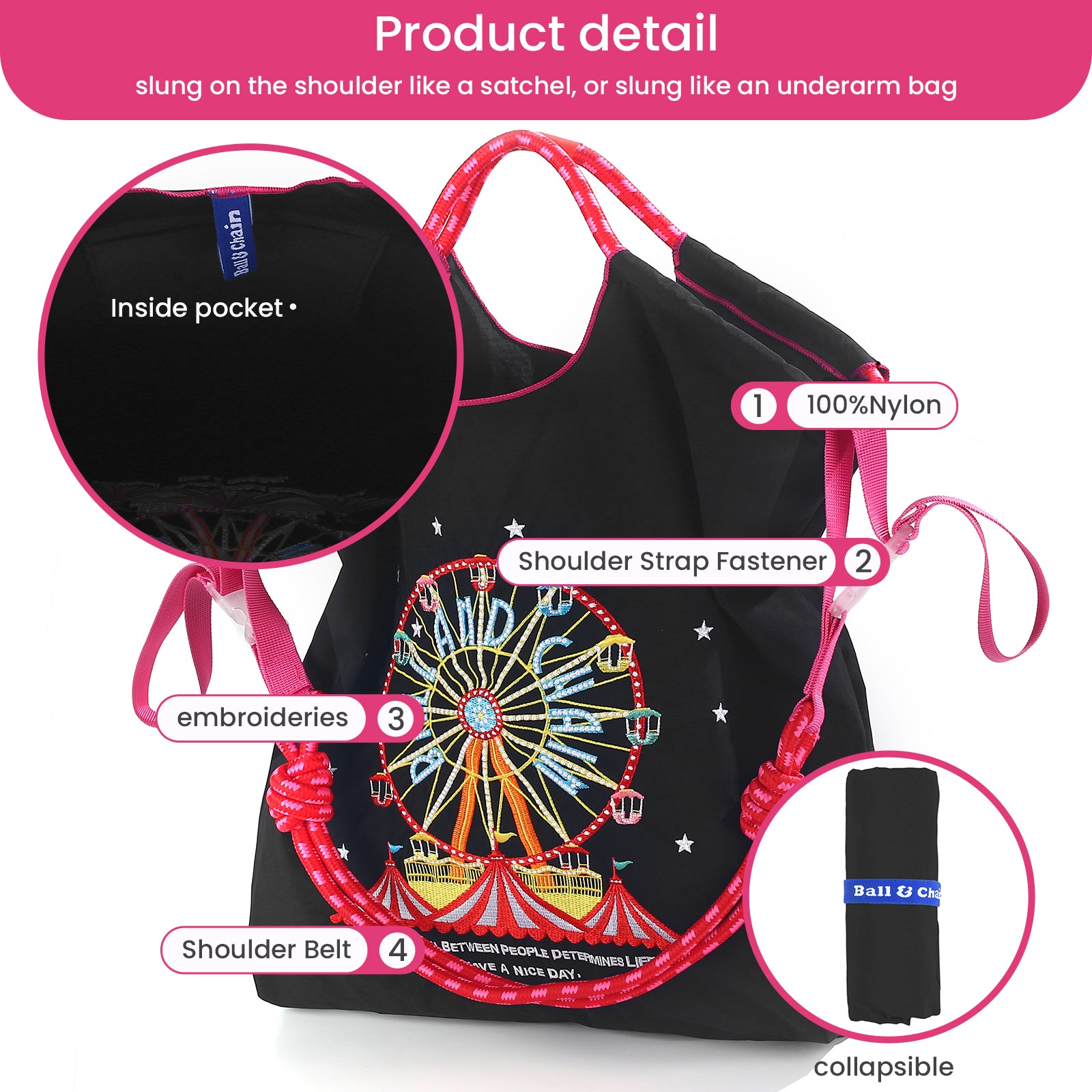 Ball&Chain Embroidery Ferris Wheel Nylon Tote Bag for Women, HandBags Large Capacity Casual Handbags for Mom Teacher Friend（M）