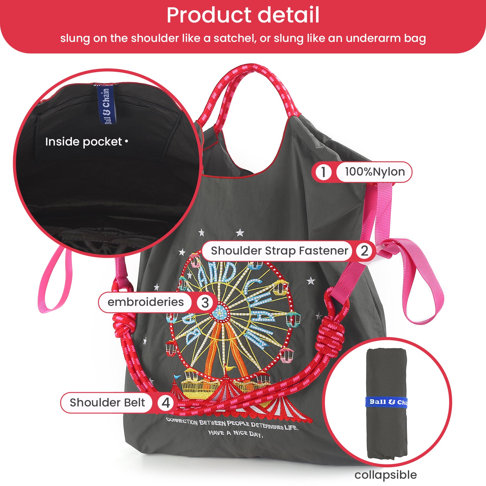 Ball&Chain Embroidery Ferris Wheel Nylon Tote Bag for Women（L）