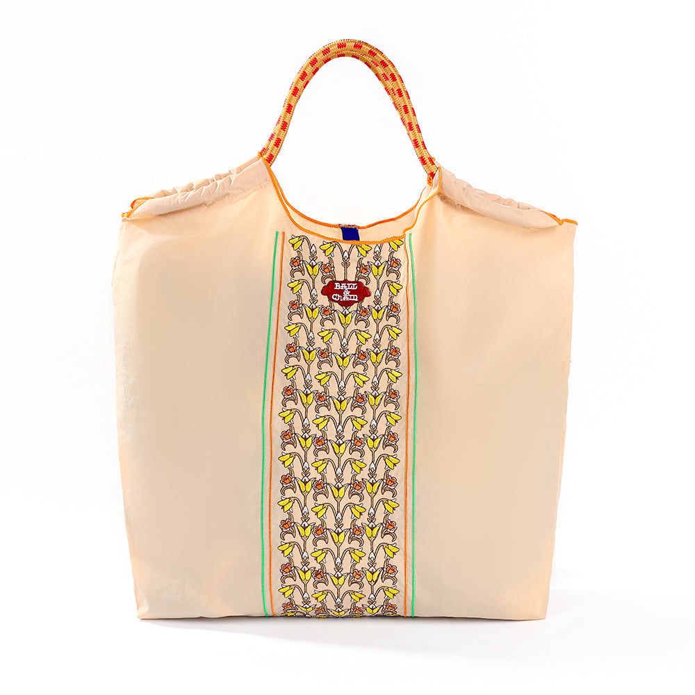 Ball&Chain Purple Floral Embroidery Tote Bag, Large Lightweight Nylon Shoulder Bag, Bohemian Ethnic Style Handbag for Shopping Daily Use-L