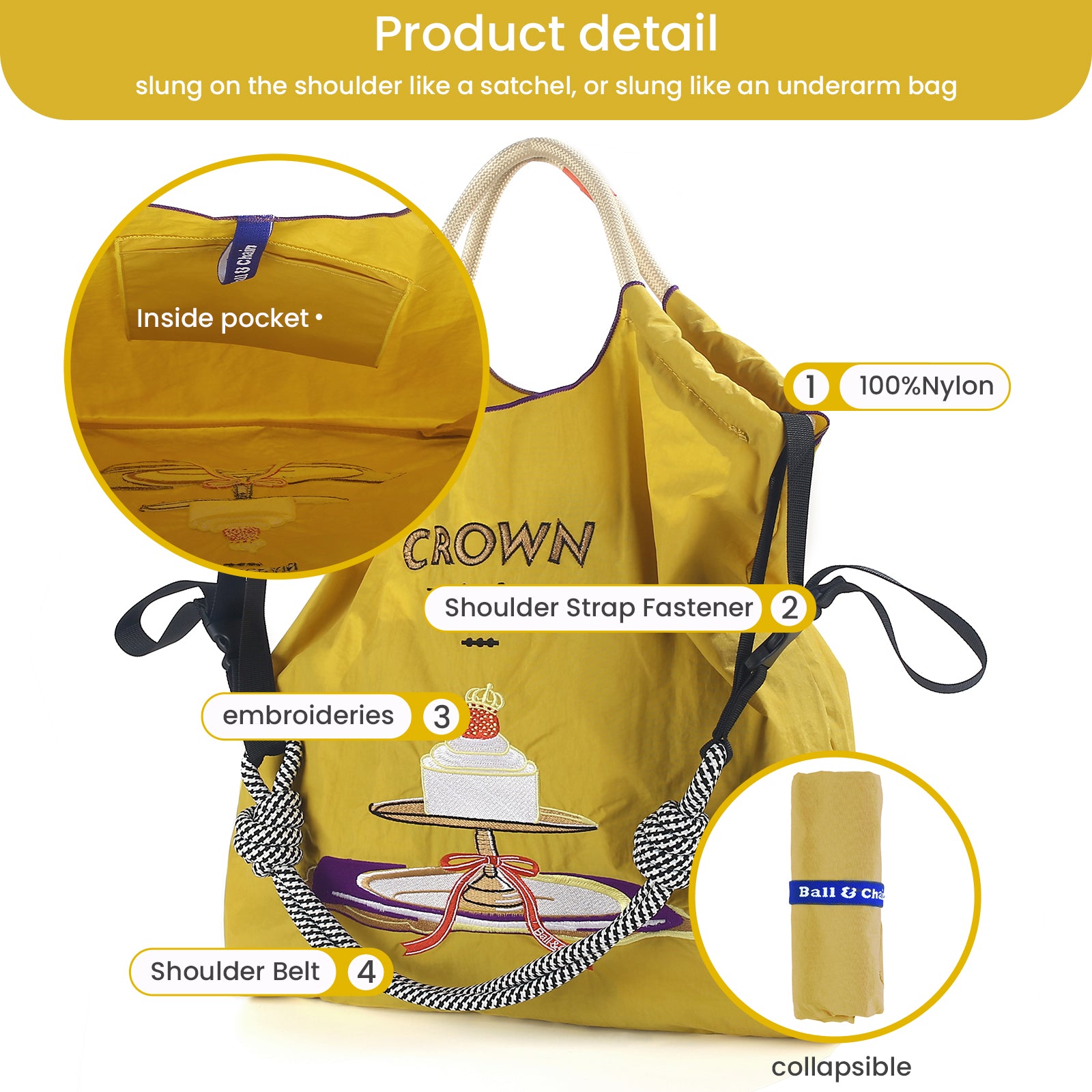 Ball&Chain Cake Pattern Embroidery Nylon Bag with Pulling Rope Pocket Personalized Tote Bags for Mom Teacher Friend（M）