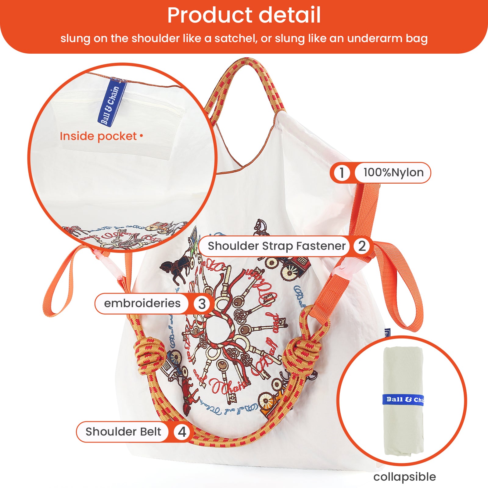 Ball&Chain Carriage Pattern Embroidery Nylon Tote Bag for Women, Travel Shoulder Bag Top Handle HandBags for Work, Travel（M）