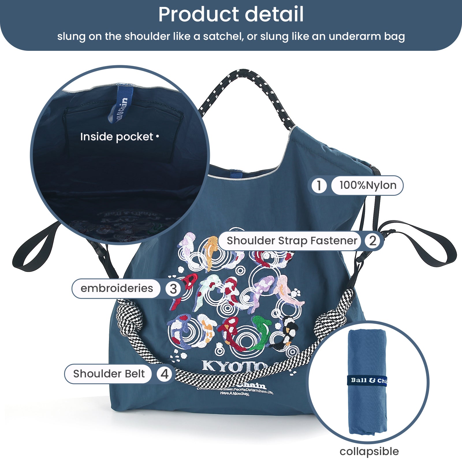 Ball&Chain Tote Bag With Embroidery Koi Fish，Personalized Present Bag Everything Tote Bag with Compartments（M）