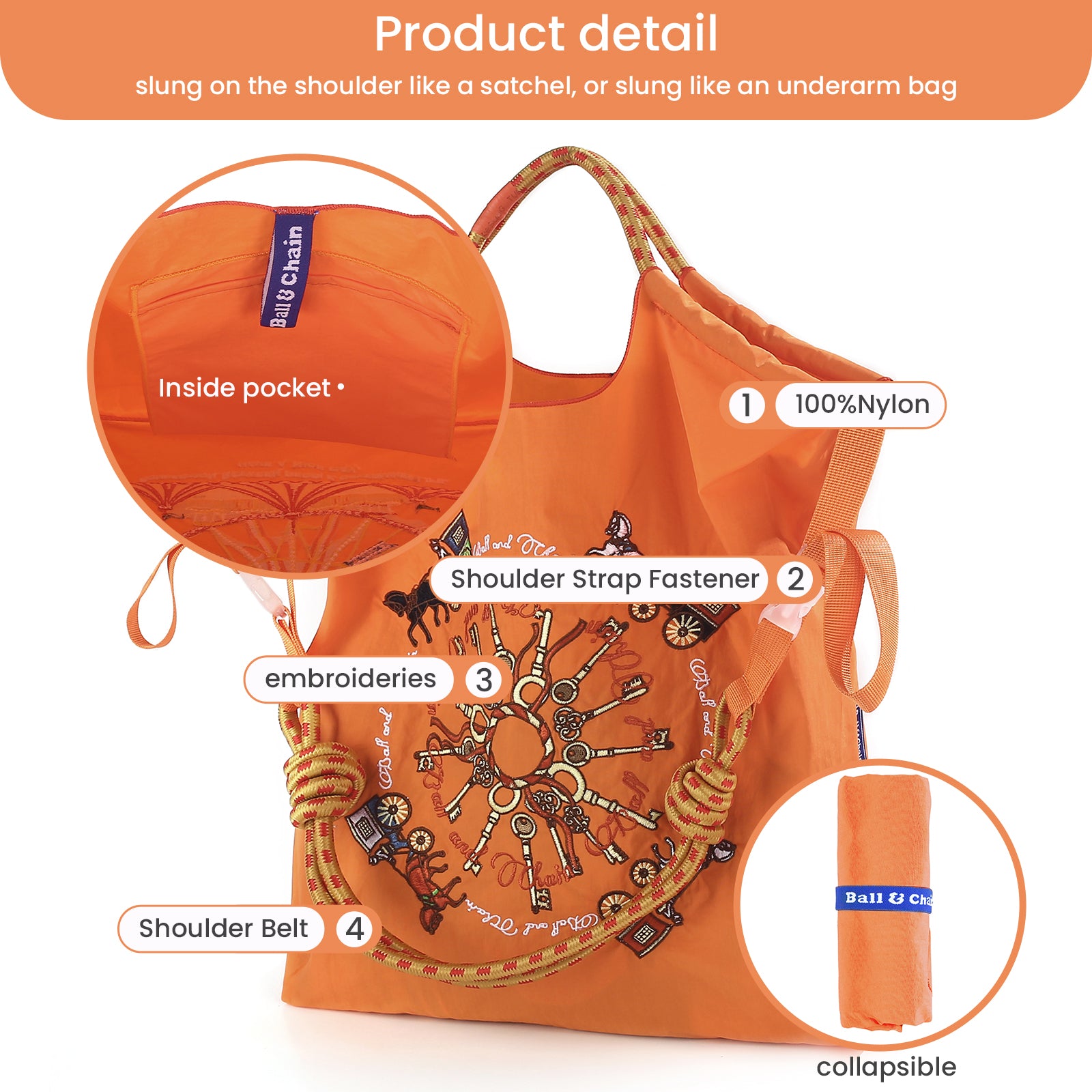 Ball&Chain Carriage Pattern Embroidery Nylon Tote Bag for Women（L）