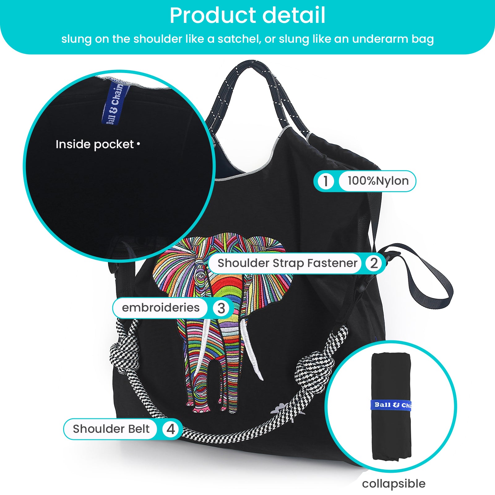 Ball&Chain Tote Bag Women Work Bags Nylon Bag Purse for Women Travel Bags（L）