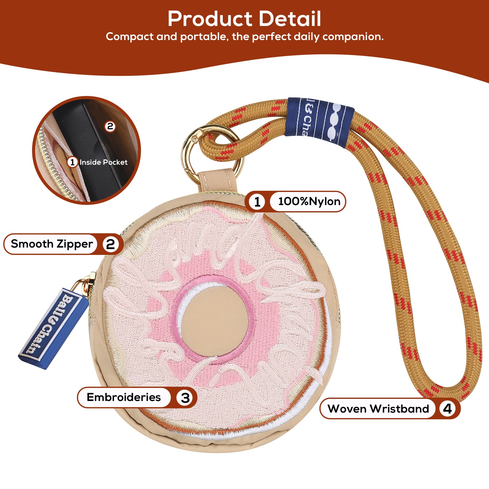 Ball&Chain Credit Card Holder Wallets for Women Nylon Zipper Card Case for Ladies Keychain Wallet
