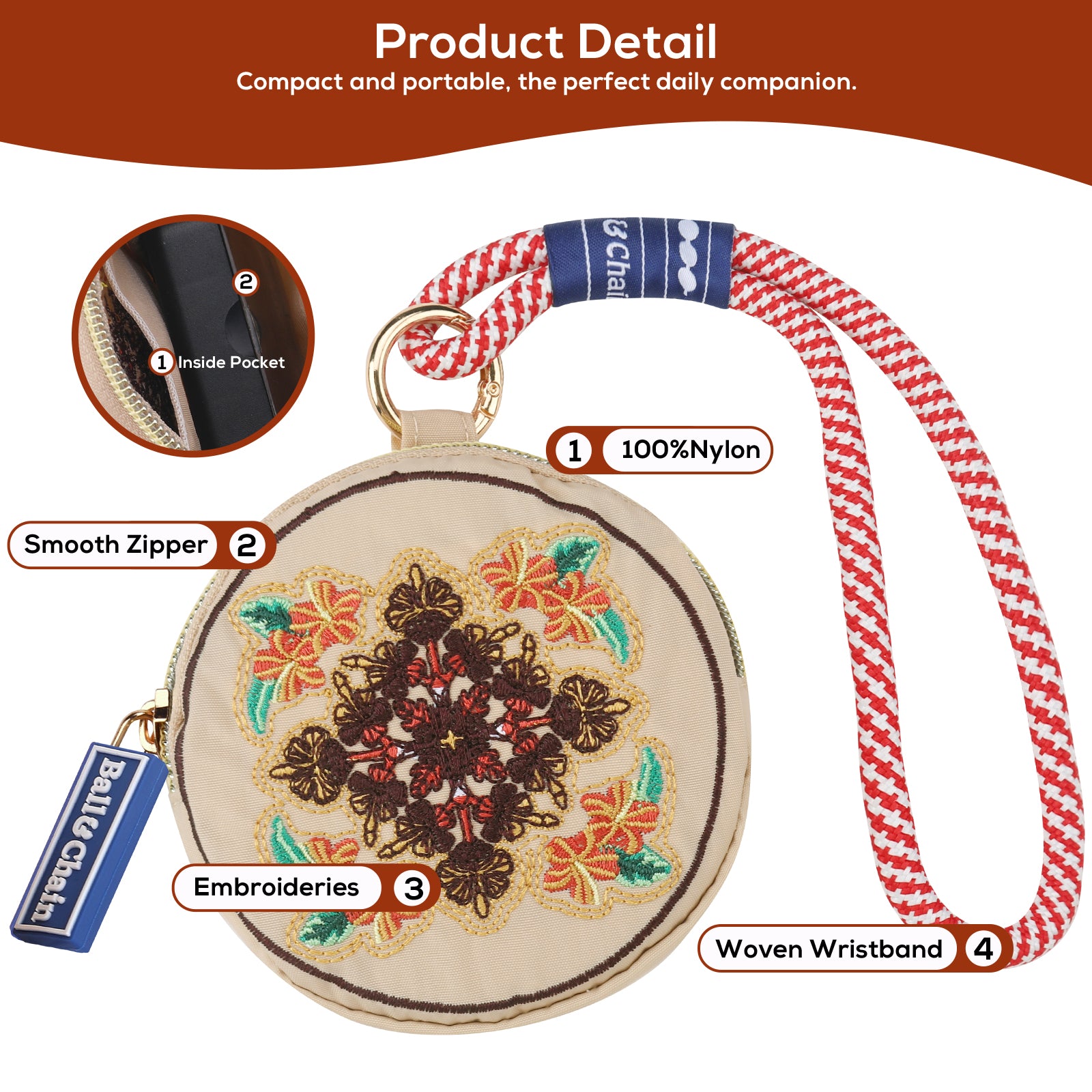 Ball&Chain Credit Card Holder Wallets for Women Nylon Zipper Card Case for Ladies Keychain Wallet