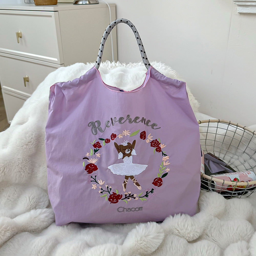 Ball&Chain Ballet Bear Rose Wreath Embroidery Large Foldable Nylon Tote Bag, Cute Floral Animal Shoulder Shopping Bag