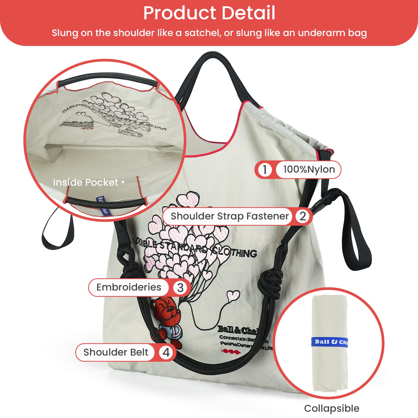 Ball&Chain Women Embroidery Shoulder Handbag Nylon Pockets Bag Ladies Crossbody Purse Fashion Tote Handle Satchel（L）