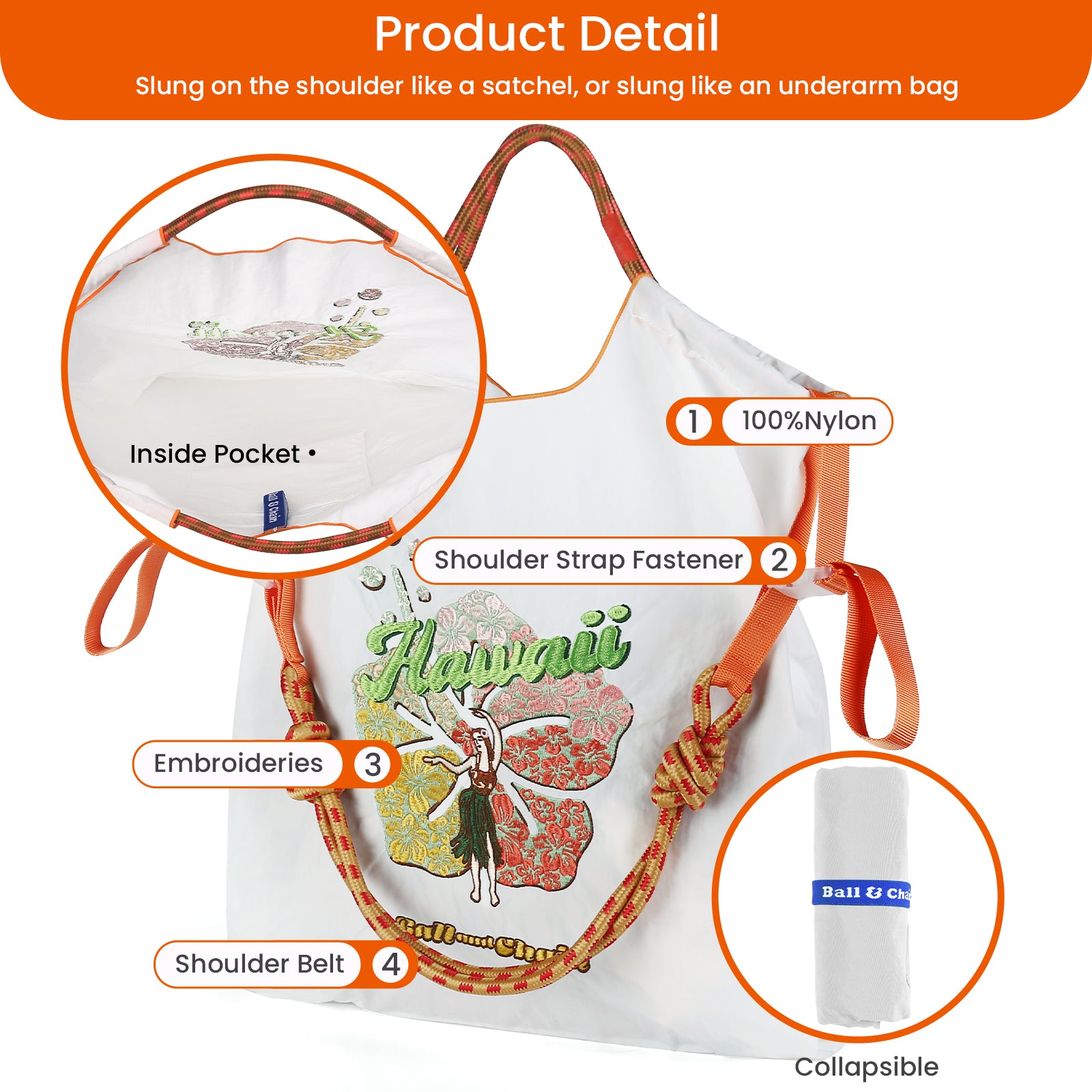Ball&Chain Embroidery Tote Bag for Women（L）