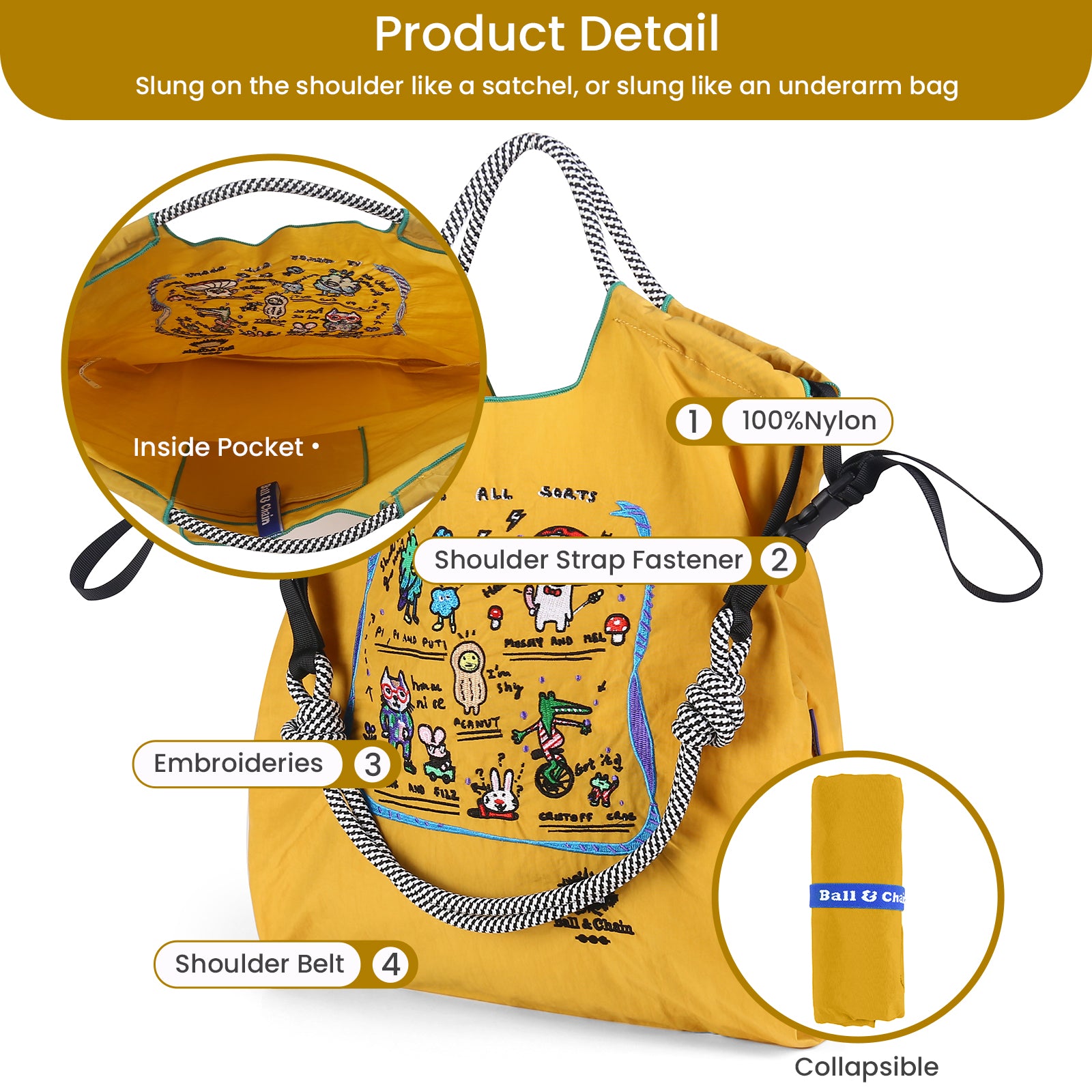 Ball&Chain Shoulder Tote Bag for Women, Nylon Top-Handle(M)