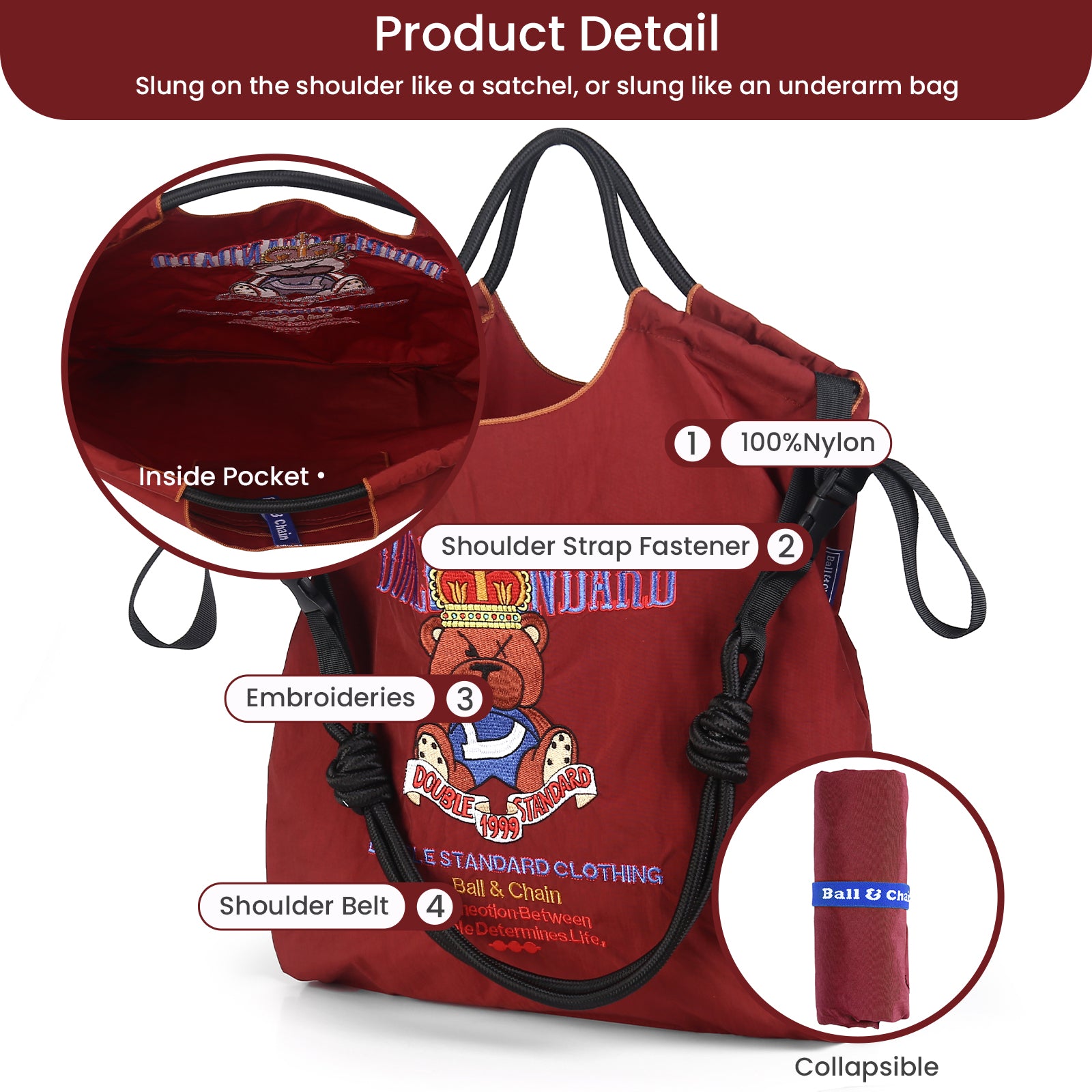 Ball&Chain Women's Fashion Handbag Embroidered Nylon Handbag Designed for Travel, Beach（L）