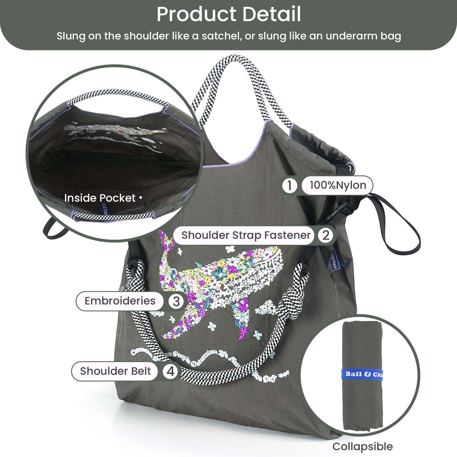 Ball&Chain Shoulder Tote Bag for Women, Nylon Top-Handle, Foldable Weekend Handbag（L）