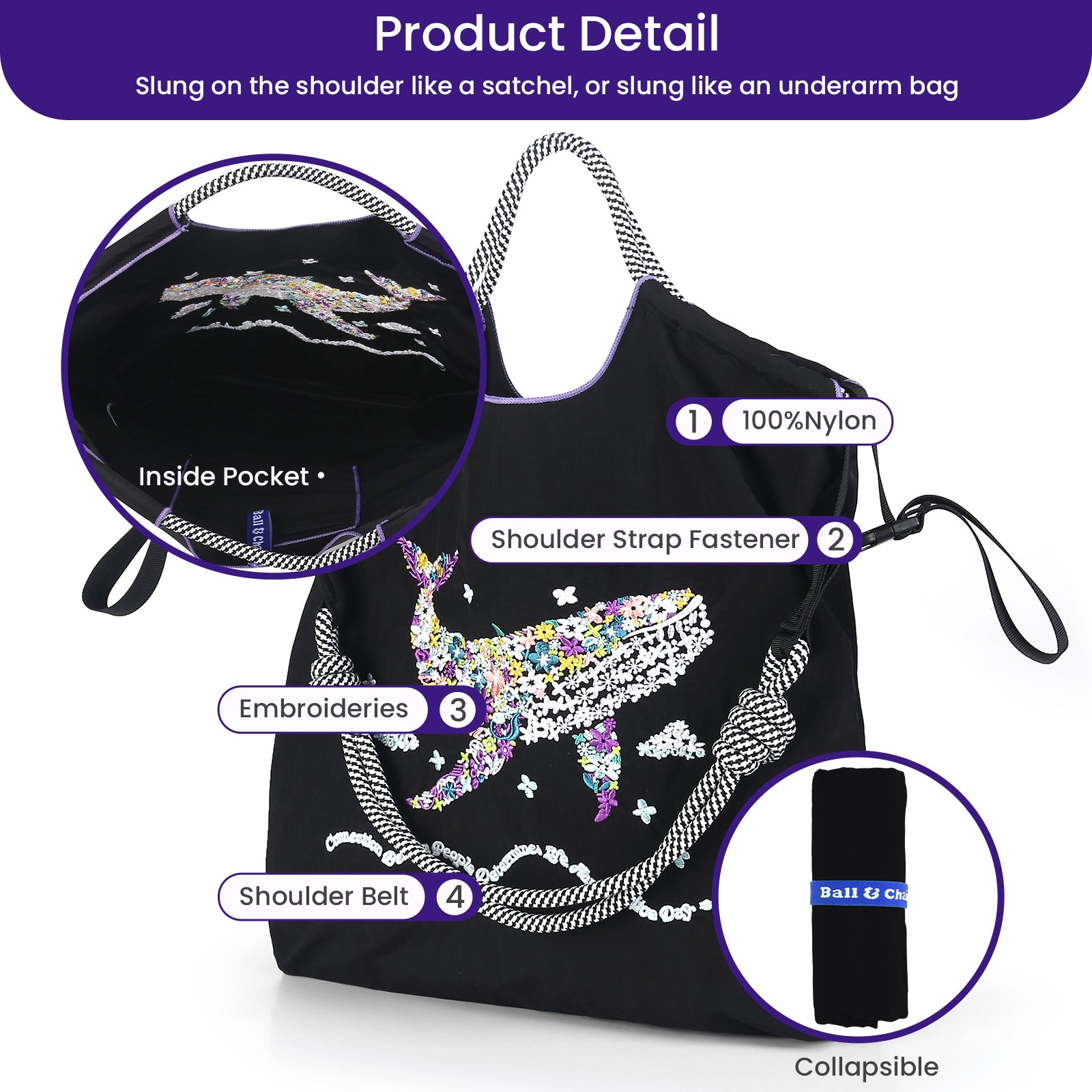 Ball&Chain Women's Fashion Handbag Embroidered Exquisite Butterfly Nylon Handbag Designed for Travel, Beach Bags（L）