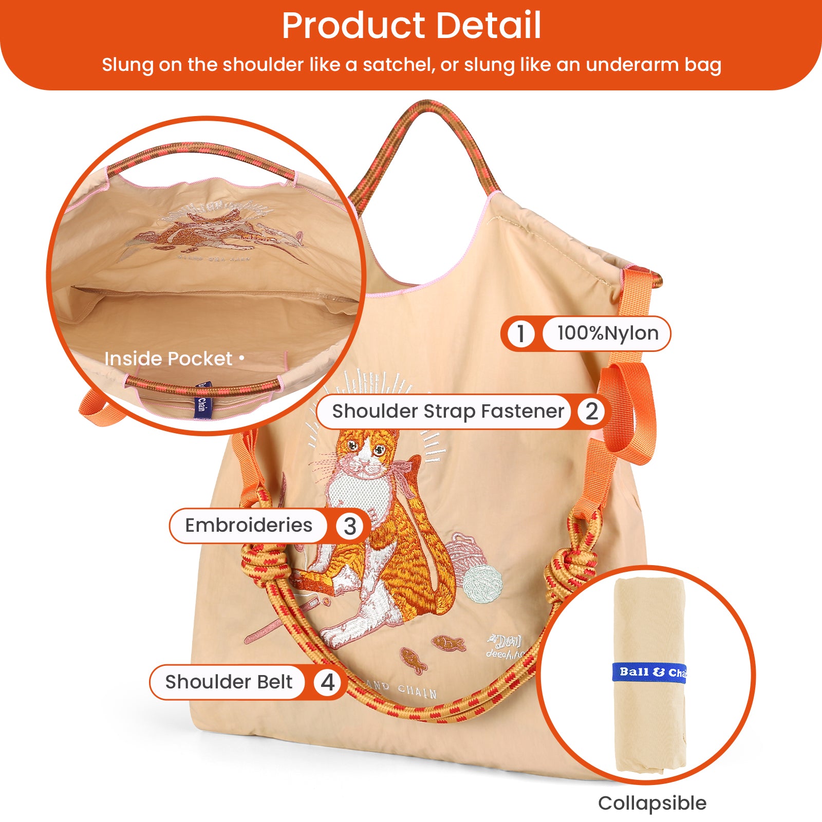 Ball&Chain Tote Bag Women Work Bags Nylon Bag Purse for Women Travel Bags Handbags Everyday Bag （M）