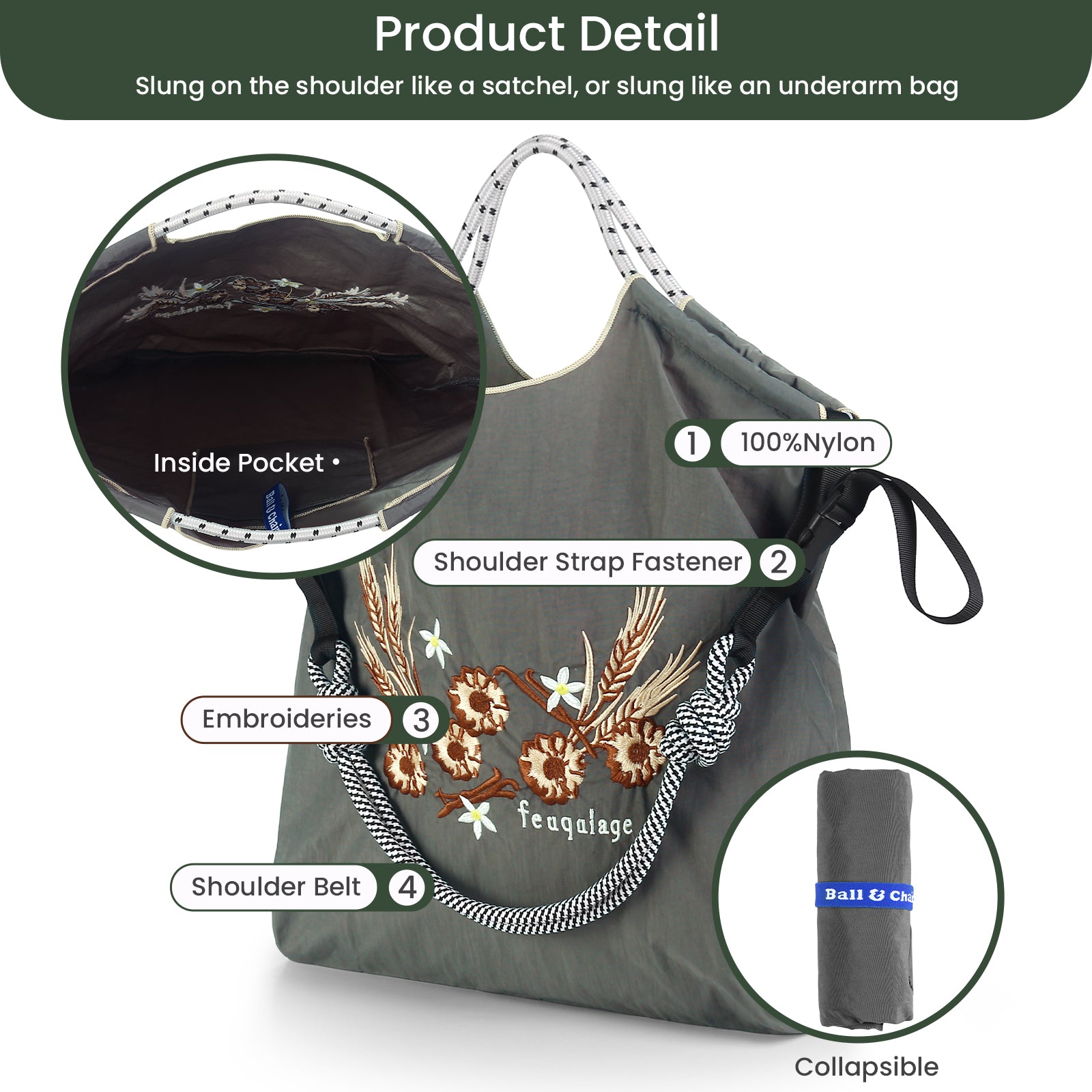 Ball&Chain The Embroidery Ultimate Nylon Tote Bag for Women - Perfect for Live Shopping, Travel, Birthdays（M）