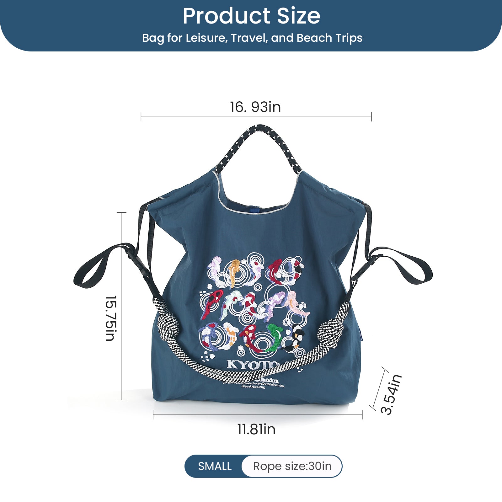Ball&Chain Tote Bag With Embroidery Koi Fish，Personalized Present Bag Everything Tote Bag with Compartments（M）